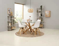 AGERBY + BLOKHUSMesa AGERBY Ø119 roble natural + 4 sillas BLOKHUS blanco