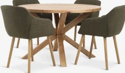 GRIBSKOV + ADSLEVMesa GRIBSKOV Ø120 roble natural + 4 sillas ADSLEV oliva