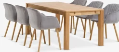 HAGE + ADSLEVMesa HAGE L190 roble natural+4 sillas ADSLEV terciopelo gris
