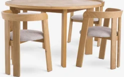 HARESKOV + BOVRUPMesa HARESKOV Ø129 roble natural + 4 sillas BOVRUP roble