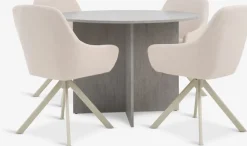 KRONDAL + ROSTRUPMesa KRONDAL Ø110 travertino + 4 sillas ROSTRUP beis