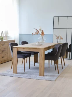 LINTRUP + PEBRINGEMesa LINTRUP L190/280 roble salvaje + 4 sillas PEBRINGE gris