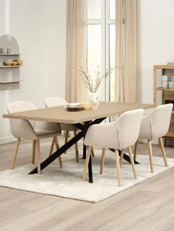 NORTOFT + ADSLEVMesa NORTOFT L200 roble cálido + 4 sillas ADSLEV tela beis