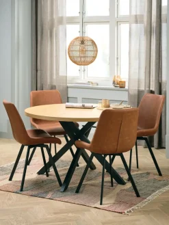 NORTOFT + HYGUMMesa NORTOFT Ø120 roble cálido + 4 sillas HYGUM marrón/negro